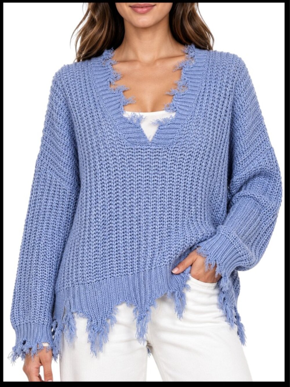 Miracle Periwinkle Blue Purple Distressed Fringe V Neck Sweater S/M